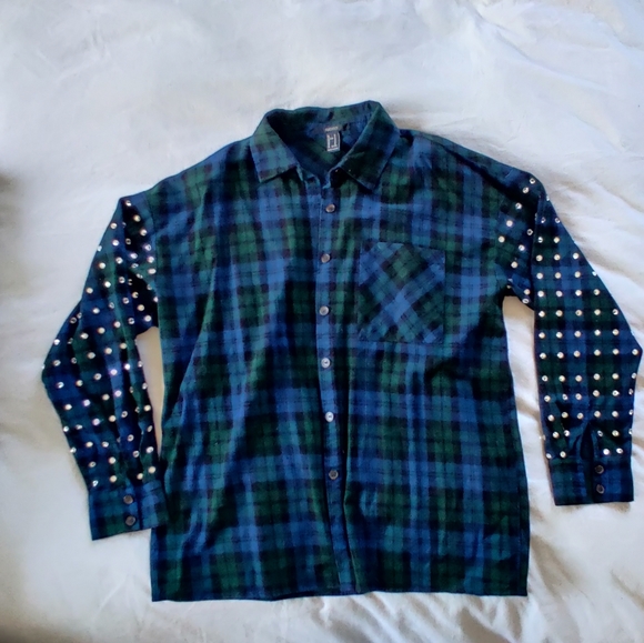 Hand Crafted Tops - NEW Rhinestone Sleeve Oversized Flannel